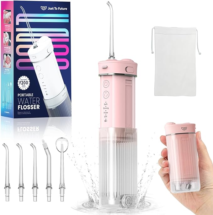 JTF Portable Water Flosser for Travel: Compact Mini Design 3 Modes &amp 8 DIY Pressure Levels for Sensitive Teeth &amp Braces - with 5 Nozzles &amp Removable 230ml Tank Cordless Oral Irrigator fo
