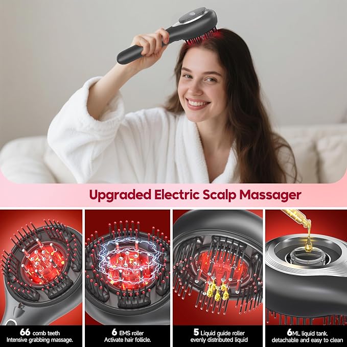 Morfone Upgrade 3 in 1 Electric Scalp Massager Brushes Hair Oil Applicator IPX7 Waterproof Scalp Massager Comb Cordless &amp Portable Adjustable Modes for Men Women (Gray)