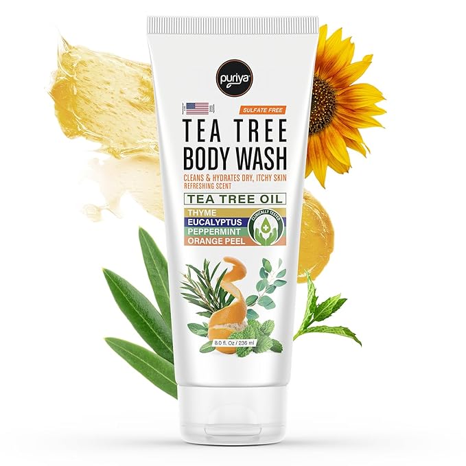 Puriya Tea Tree Body Wash Use with Jock Itch Athletes Foot Body Back Acne Treatment Moisturizing Natural Wash for Men Women Dry Skin Eucalyptus Mint Oil Shower Gel Soap