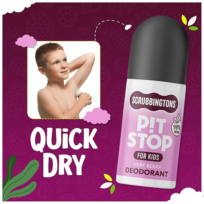 Scrubbingtons Pit Stop Kids Deodorant Natural Roll On For Children Teens. Made in UK 98% Natural Ingredients For Sensitive Skin. Paediatrician approved Aluminium &amp Alcohol Free Very Berry 75ml