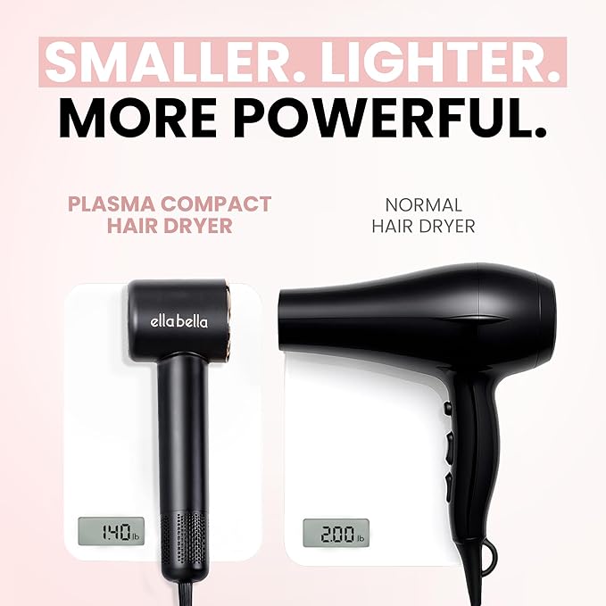 ELLA BELLA® Compact Plasma Hair Dryer Advanced Plasma Technology Blow Dryer with Digital Display Rapid Drying Low Noise &amp Luxury Velvet Travel Bag - Includes Diffuser &amp Nozzle- for All Hai