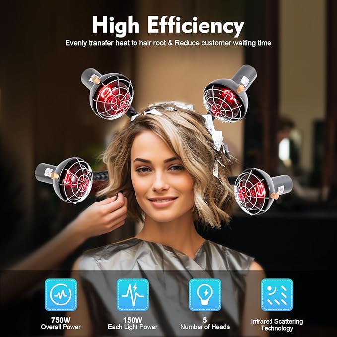 Hair Dryer 5 Head Infrared Heat Lamp with Adjustable Height 750W Red Lamp Salon Hair Steamer Perming Dyeing Conditioning &amp Hair Care (White)