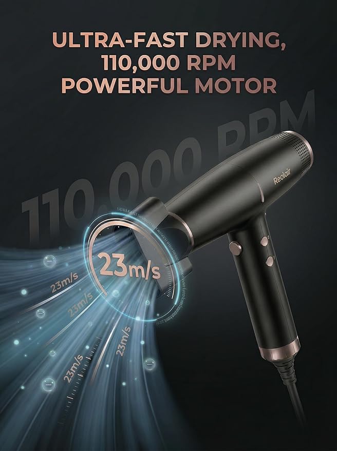 Professional Ionic Hair Dryer with Diffuser - Lightweight Compact Powerful &amp Fast Salon Blow Dryer with High Speed Brushless Motor for Travel Women &amp Men Ceramic Black JQ801