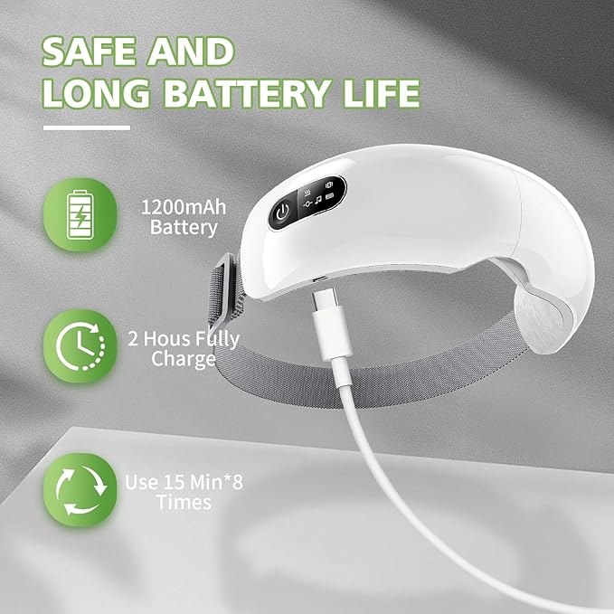 NOWWISH Eye Massager with Heat Vibration and Bluetooth Music for Migraine Headache Eye Strain Relief Heated Eye Mask with 4 Massage Modes Relaxation -Mothers Day Gifts for Mom Wife -White