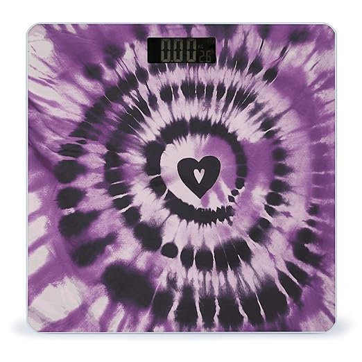 Purple Tie Dye Scale for Body Weight Anti-Slip Tempered Glass Digital Bathroom Scales Clear LCD Display Weighing Scale Safe Rounded Corners Smart Scales