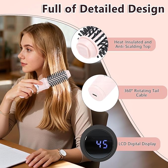Cordless Hair Curling Iron Brush Heated Round Brush Curling Iron with 10 Temperature Control Rechargeable Travel Curlings Wand for All Hair Types