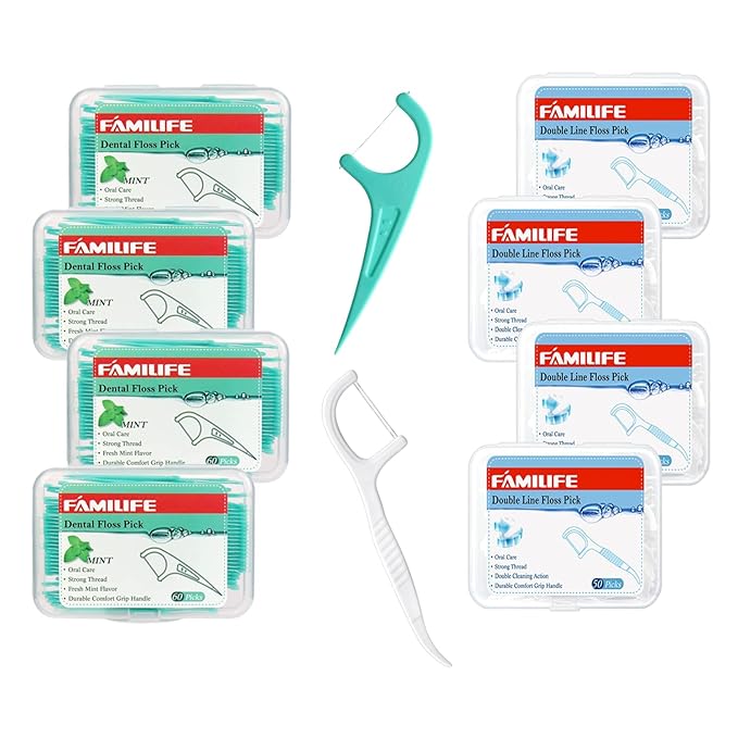 FAMILIFE Floss Picks Mint Dental Floss Picks with 4 Travel Handy Cases 240 Count Flossers and Double Line Flossers 200 Count Unwaxed Flossing Thinner and Tougher Unflavored Threader Flosser