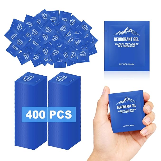 0.14oz Bulk Deodorant Gel Individually WrappedTrial Size Deodorant Mini Travel SizeNatural Mint And White Tea &amp Aluminum FreeGreat for Travel Homeless Shelters Charities Hotels (400)