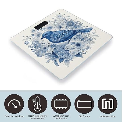 Bluebird and Flowers Scale for Body Weight Highly Accurate Digital Bathroom Scale Sturdy Tempered Glass Weighing Scales with LCD Display Fashion Body Fat Smart Scales 400lb