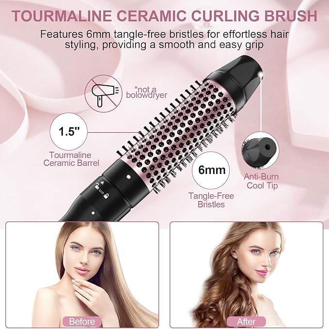 Thermal Brush 1.5 inch Heated Round Curling Brush Hair Straightening Styler Less Frizz Hair Hot Straightener with Detachable Head for Salon Style