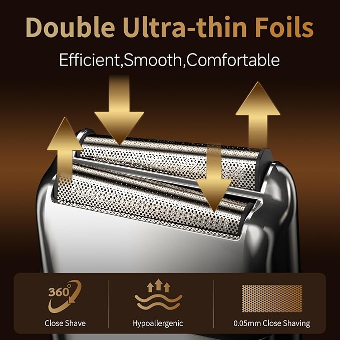 Electric Foil Shaver for MenElectric Razor with Pop-up TrimmerCordless Beard TrimmerWaterproofWet &amp Dry ShavingLED Display2-Speed Mode (Silver)