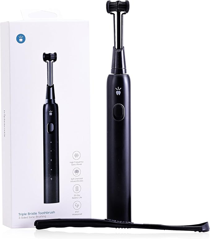 Triple Bristle Max Sonic | 3 Sided Toothbrush w/ 4 Modes | Dentist Created &amp Approved Triple Sided | Soft Charcoal Infused Nylon Bristles | Rechargeable &amp Waterproof