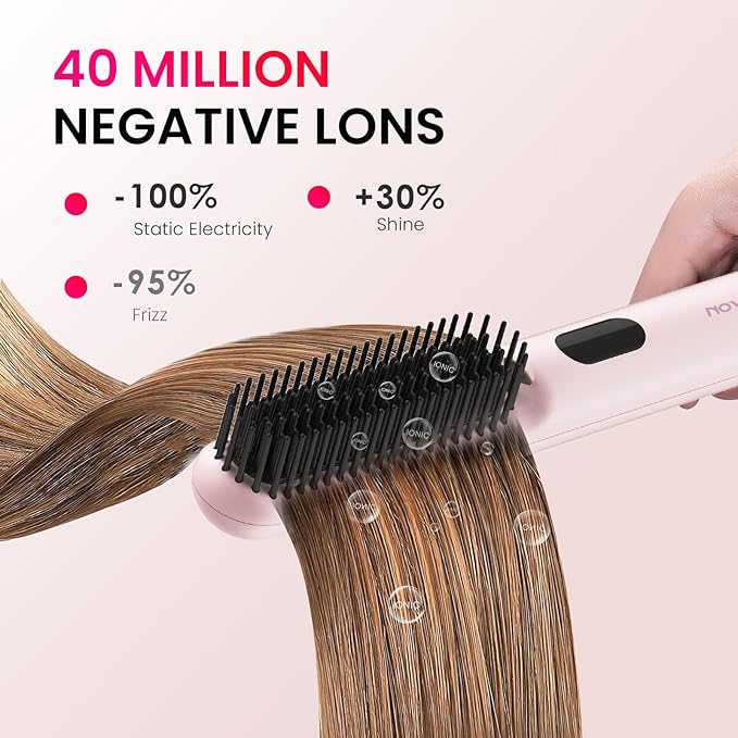 Hair Brush: 1 Inch Brush for Curly Hair with Anti-Scald Bristles Straightening Comb with Negative Iron for Women - 3 Temp Settings &amp LED Display (Pink)