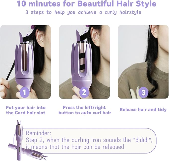 Automatic Curling Iron Rotating Curling Iron with 4 Temps &amp Display Screen 40S Fast Heating Hair Curlings Wand Anti-Tangle Anti-Scald Wave Curling Irons Ceramic Hair Curler for Women (Purple)
