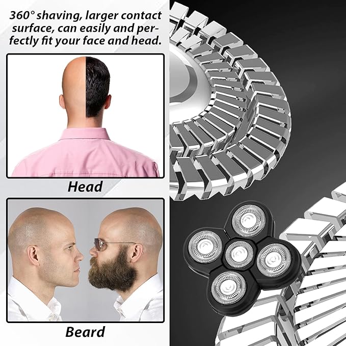 5 Replacement Heads for Universal Series Head Shaver Waterproof Blade Electric Bald Men Freedom Grooming Waterproof Razor Refills Rotary Heads Design + 2 Cleaning Brushes for Father Husband Partner