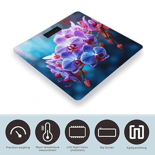 Colorful Orchids Flower Scale for Body Weight Safe Rounded Corners Tempered Glass Digital Bathroom Scale LED Display 400lb Capacity Weight Scales with High Precision Sensors