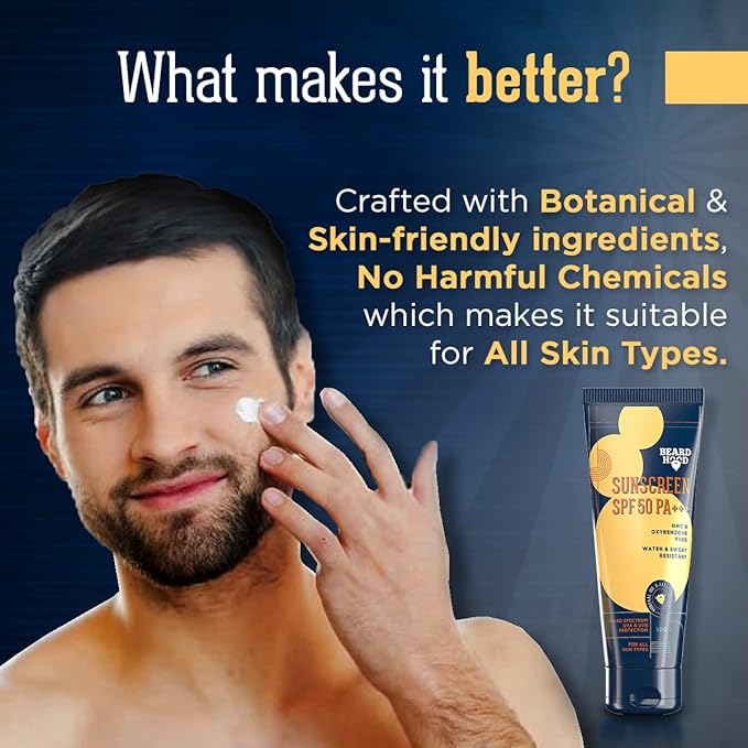 Beardhood SPF 50 PA+++ Sunscreen For Men | Non Greasy Water &amp Sweat Resistant | OMC &amp Oxybenzone Free | Suitable for all Skin Types 50g