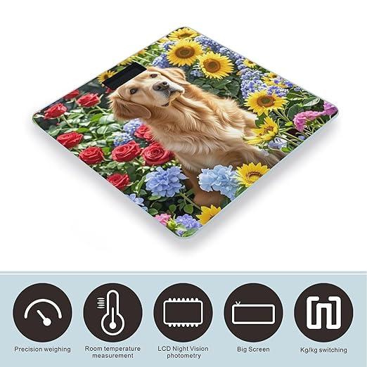 Golden Retriever and Flowers Scale for Body Weight Highly Accurate Digital Bathroom Body Scale Digital Bathroom Scales for People Anti-Slip Large LCD Display Smart Scales