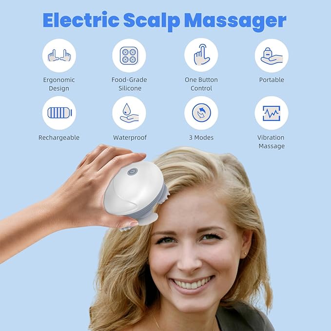 Upgraded Electric Scalp Massager for Men Women Handheld Cat Dog Pet Head Massager with 4 Massage Heads 3 Speeds Waterproof Massager for Soothing Muscles Joints Hair Growth Stress Relax