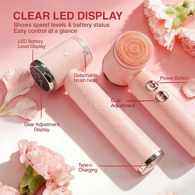 Electric Face Scrubber with Led Display &amp Facial Cleansing Brush - 6-in-1 Exfoliating Kit 3 Speeds IPX6 Waterproof Face Brush for Deep Cleaning Massage &amp Gentle Exfoliation-Pink