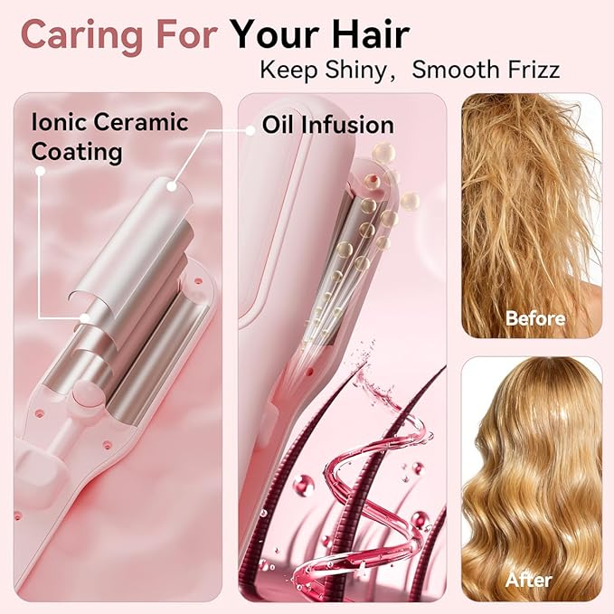 Adjustable Curling Iron Hair Crimper for Women - 1&amp1.25 Inch Waver Tool Creates Beach Waves &amp Tight Curls Anti-Scald Fast Heating Dual Voltage&ampTravel Hair Brush