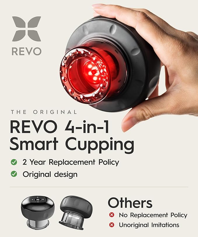 REVO The Original 4-in-1 Smart Cupping Therapy Massager Red Light Therapy for Targeted Pain Relief Knots Aches Muscle Soreness Circulation &amp Tighter Skin Portable Electric Massager- 2 Pack