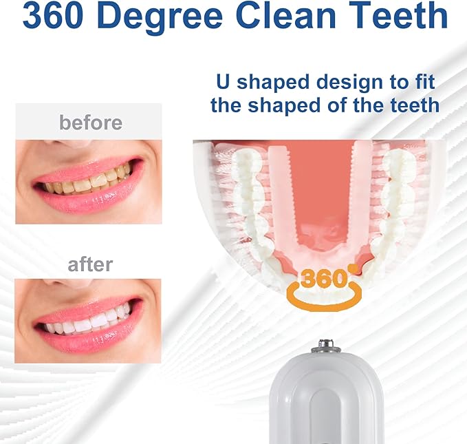 Ultrasonic U Shaped Toothbrush for Adults Electric Toothbrush for 360-degree Cleaning with Wireless Charging Waterproof IPX7 3 Modes for Teeth Whitening(White)