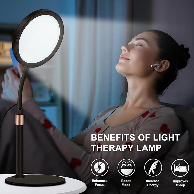 Light Therapy Lamp UV-Free 10000 Lux Sun Therapy Light with 360° Gooseneck &amp 9 Brightness Happy Therapy Desk Lamp for Lift Mood (Black)