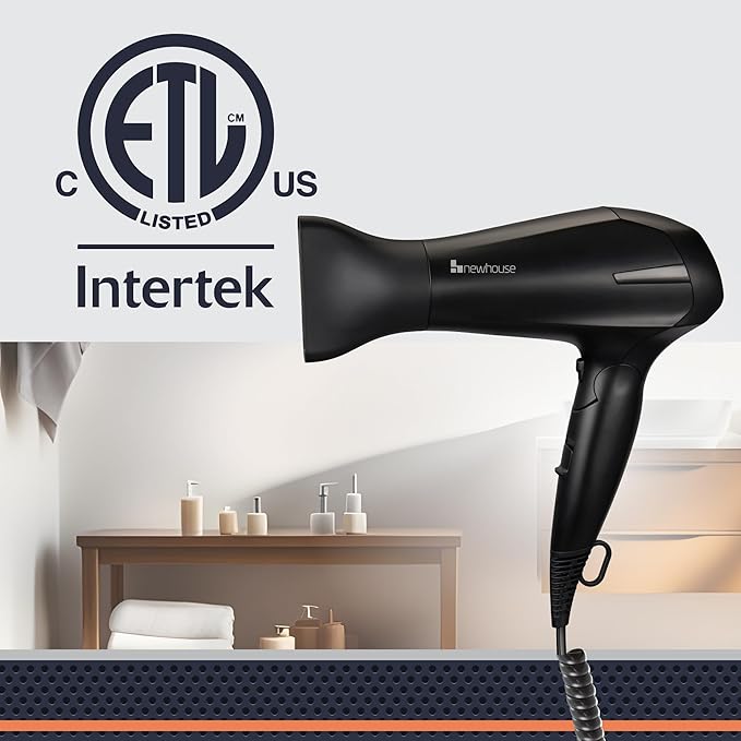 Newhouse 125V 1875-Watt Foldable Hair Dryer with Spiral Cord NHHD-001-FS Compact Foldable Hair Blow Dryer Low-Noise Ionic Hair Dryer ETL Certified for Hospitality and Residential Use