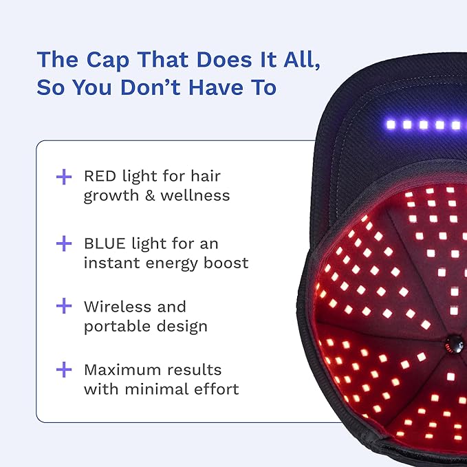 DualGlow Cap: Wireless Red &amp Blue Light Therapy Cap for Scalp Health Energy and Self-Care | Red Light Therapy on the Go for Men &amp Women