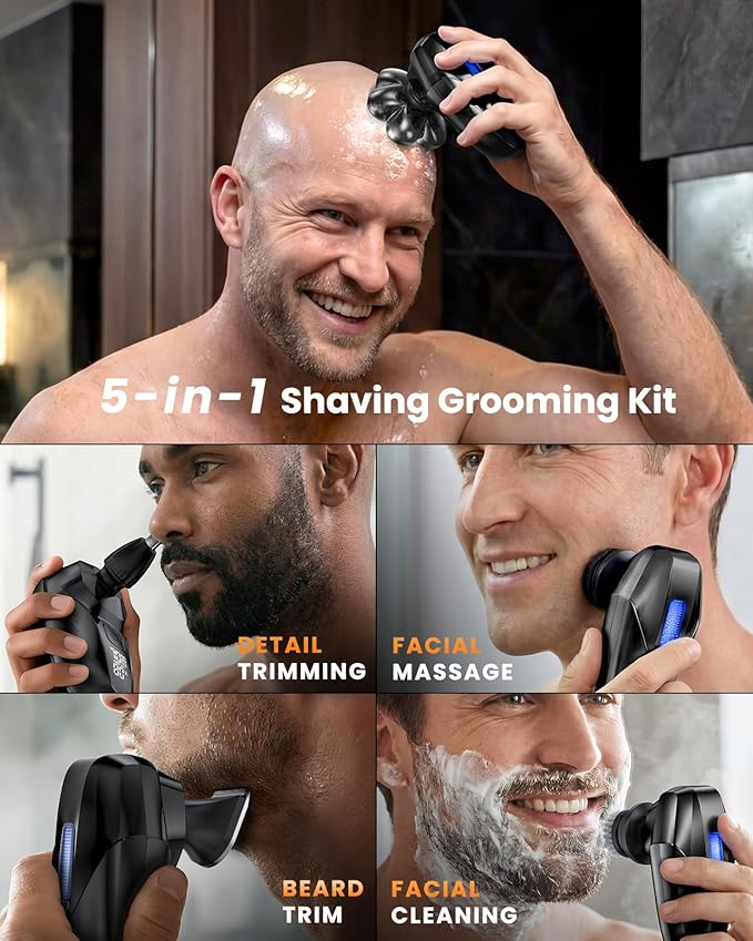 Head Shavers for Bald Men 5-in-1 Electric Shaver Grooming Kit 7D Floating IPX7 Waterproof Rechargeable Wet/Dry Razor for Skull Bald Head Body Hair with Massager Black