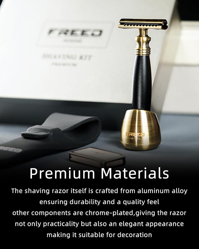 FREED Bronze Series Customized gifts Engraving Shaving Kit - Safety Razor with metal handle include razor travel caserazor baseand 10 bladesIt's the best gift for men (Black)