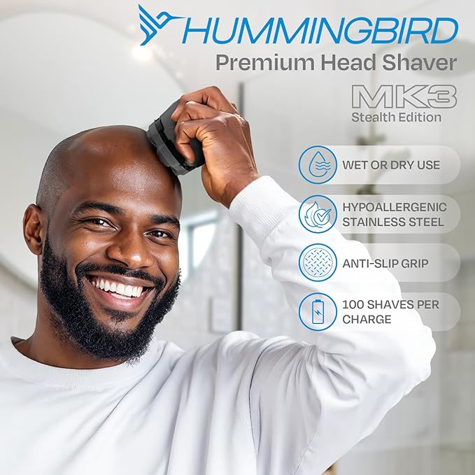 HUMMINGBIRD MK3 Stealth Electric Head Shaver - 6 Blade Electric Razors for Men Cordless USB-C Rechargeable Waterproof Head Shaver with Two Additional Magnetic Replacement Blades