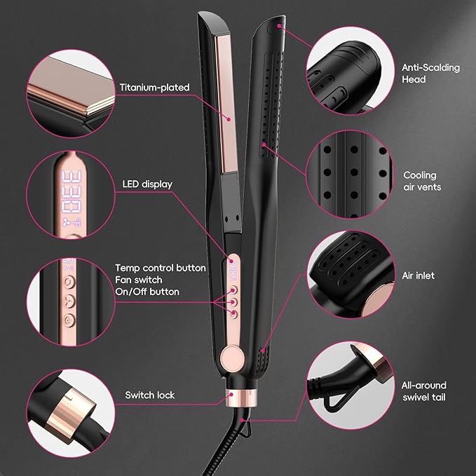 SKIMI Airflow Styler 2.0 Titanium Flat Iron Hair Straightener &amp Curling Wand 96 Cool Air Vents for 48H Lasting Style Dual Voltage for Travel &amp Home Anti-Tangle 5 Temps (Black &amp Blush).