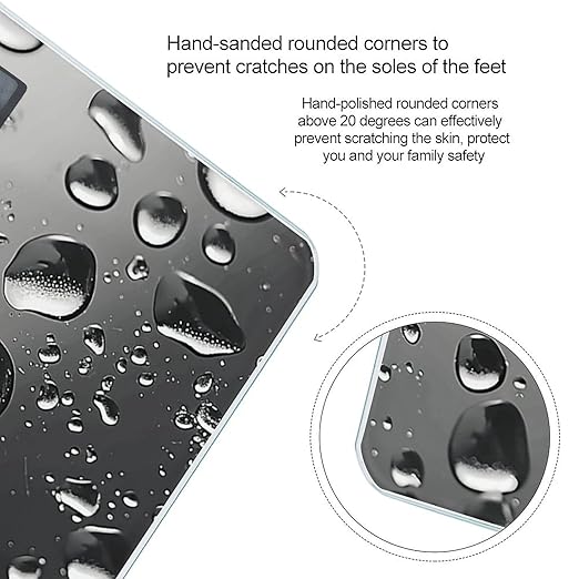 Water Droplets on Glass Scale for Body Weight Anti-Slip Tempered Glass Digital Bathroom Scales Clear LCD Display Weighing Scale Safe Rounded Corners Smart Scales