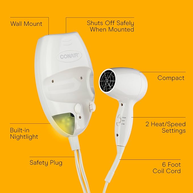 Conair Wall-Mount Hair Dryer 1600W Blow Dryer with LED Nightlight 2 Heat 2 Speed Settings White