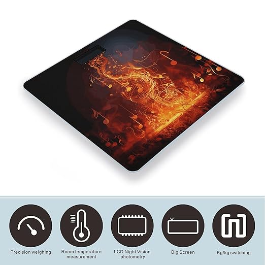 Red Flame Music Note Scale for Body Weight Anti-Slip Digital Bathroom Scale Sturdy Toughened Glass Weighing Scales High Precision Safe Rounded Corners Smart Scales