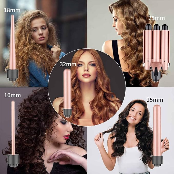 Curling Iron - 3 Barrel Hair Crimper Iron - 5 in 1 Curling Wand Hair Wand with Fast Heating Up - Crimper Wand Curler for All Hair Types Heat Protective Glove &amp 2 Clips Included