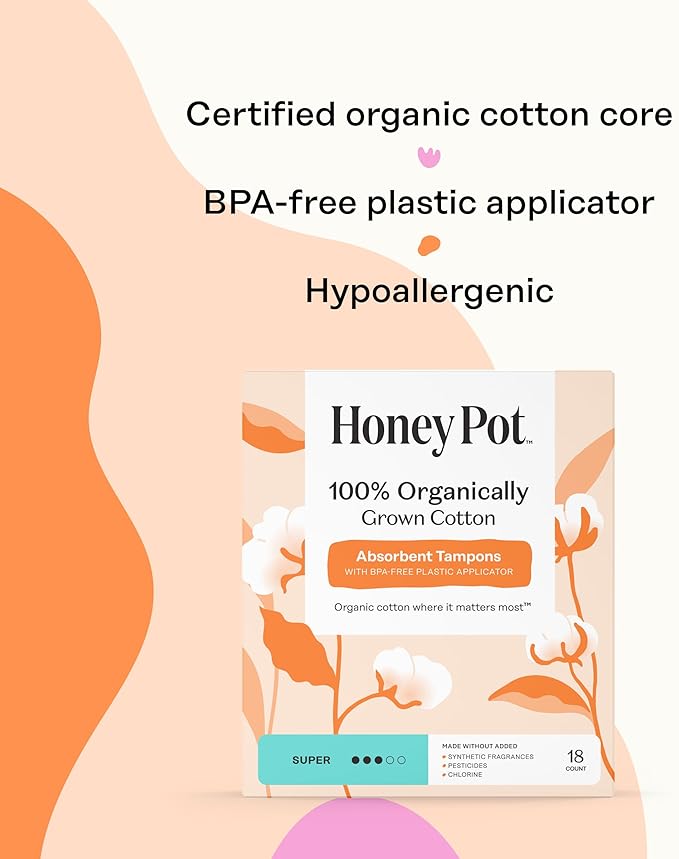 The Honey Pot Company - Super Absorbency - 100% Organic Cotton Core Tampons w/Bio Plastic Applicator - Feminine Care – Unscented - 54 Count (3 Packs of 18)