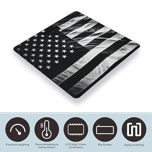 Black and White American Flag Scale for Body Weight Highly Accurate Digital Bathroom Scale Sturdy Tempered Glass Weighing Scales with LCD Display Fashion Body Fat Smart Scales 400lb