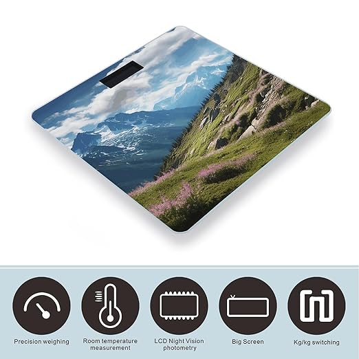 Mountains Scale for Body Weight Anti-Slip Tempered Glass Digital Bathroom Scales Clear LCD Display Weighing Scale Safe Rounded Corners Smart Scales
