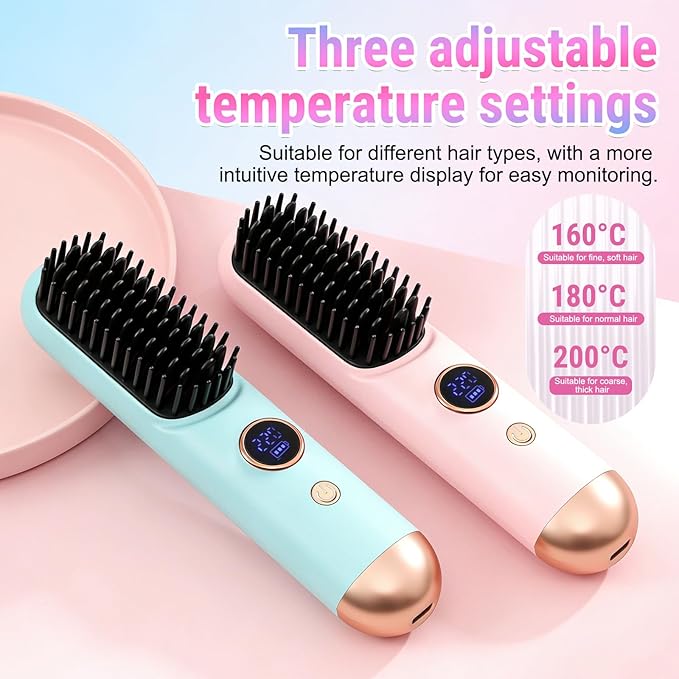 2026 Hair Straightener Brush Cordless Hair Straightener Brush for Short Hair Mini Portable Travel Straightening Hair Comb Brush with 9 Temps Fast Heating for Women All Hair Types (Pink)