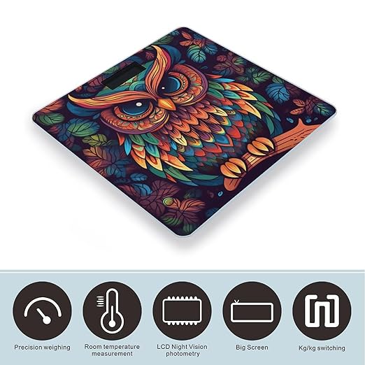 Color Owl Pattern Scale for Body Weight Safe Rounded Corners Tempered Glass Digital Bathroom Scale LED Display 400lb Capacity Weight Scales with High Precision Sensors