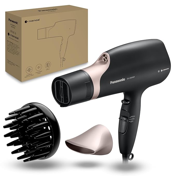 Panasonic Nanoe Salon Hair Dryer Oscillating QuickDry Nozzle Blow Dryer with Diffuser Concentrator Attachments 3 Speed Heat Settings for Styling and Healthy Hair - EH-ANA6HN (Black/ Pink Gold)