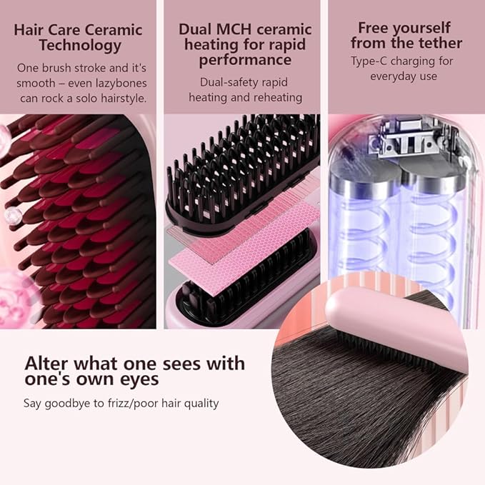 Cordless Hair Straightener Brush-Portable Straightening Comb Plasma Tech 4 Temp-Settings for Travel &amp HomePink1.7x7.8''