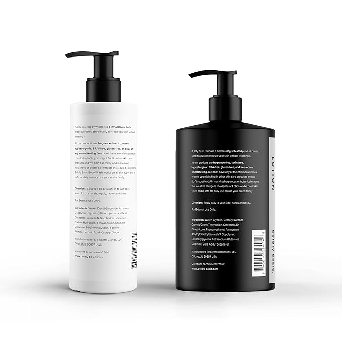 Boldly Basic Fragrance Free Body Wash and Lotion - Gentle on Sensitive Skin - Unscented - Dermatologist Tested - No Sulfates Parabens or Gluten - Hypoallergenic and Moisturizing
