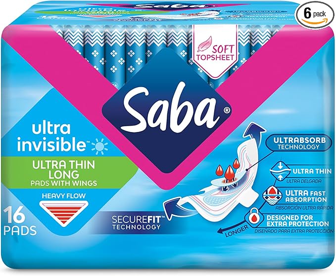 SABA Ultra Invisible Ultra Thin Long Pads with Wings Heavy Flow 6-Pack of 16 Pads (96 Count)