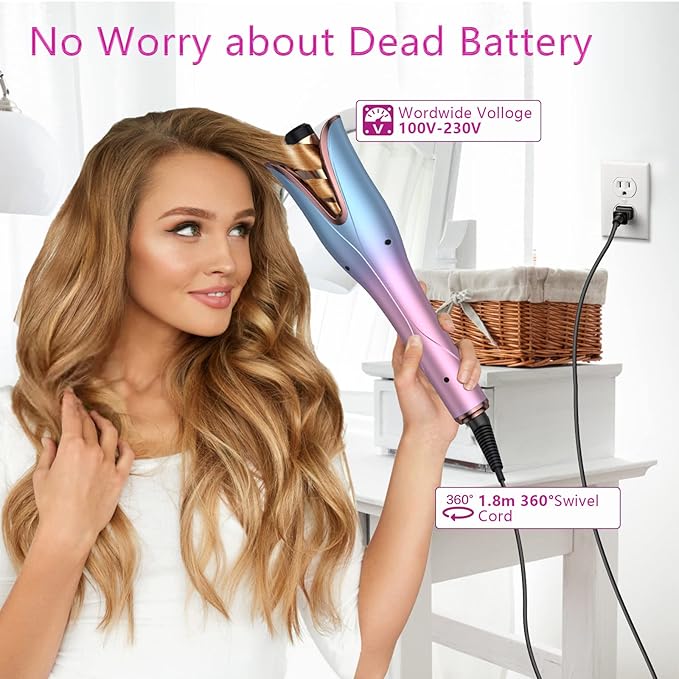 Automatic Hair Curler Hair Curler with 3 Temps Up to 430℉ &amp Dual Voltage 1 Larger Rotating Barrel Automatic Curling Iron Auto Shut-Off Rotating Curling Iron for Hair Styling