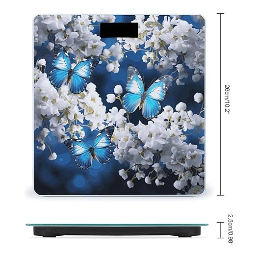Blue Butterflies White Flowers Bathroom Scale for Body Weight Bathroom Weighing Scale with Backlit LCD Display Highly Accurate Measures Weight Up to 180kg