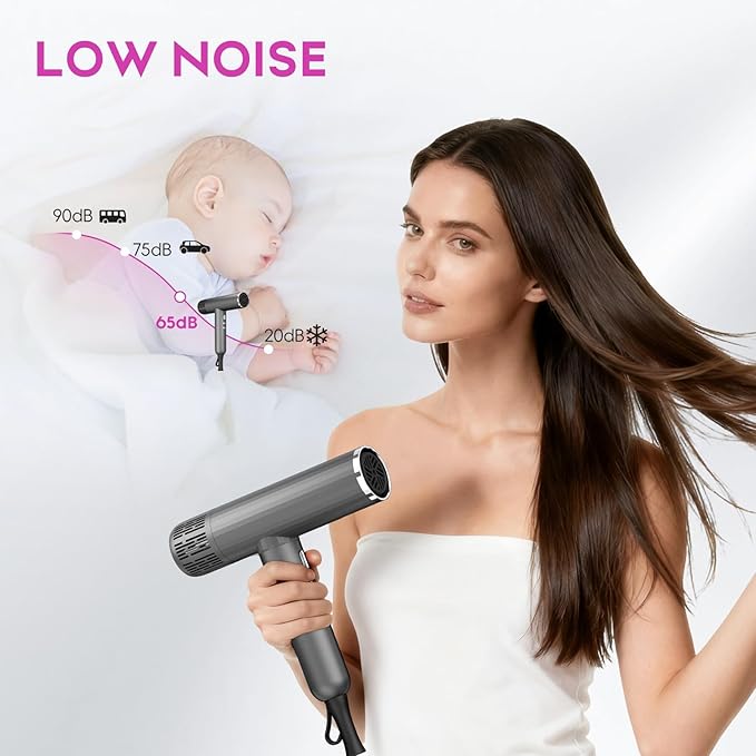 Natrial Professional Blow Dryer Featuring Three attachments a Powerful brushless Motor and Lightweight Construction for Quieter use Black